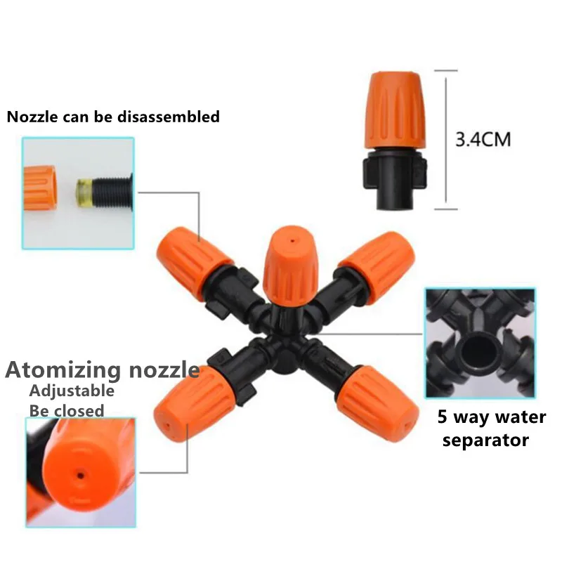 5-Head Atomization Nozzle Water Adjustable Fog Control Sprayer DIY Micro Drip Irrigation Plant Garden Mist Sprinkler Adapter