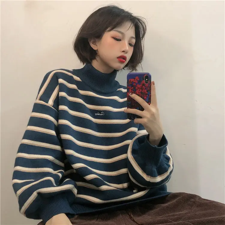 Thickened color matching high collar sweater for female students in autumn and winter loose Pullover striped knitted jacket