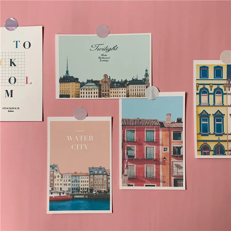 Pink Retro Waterside Town House Decoration Card 5 Sheets Photography Props Small Poster Diy Wall Sticker Postcard Greeting Cards