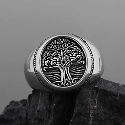 Stainless Steel Tree of Life Signet Ring Classic Men's Viking Rune Amulet Ring Nordic Biker Punk Hip Hop Jewelry Gift