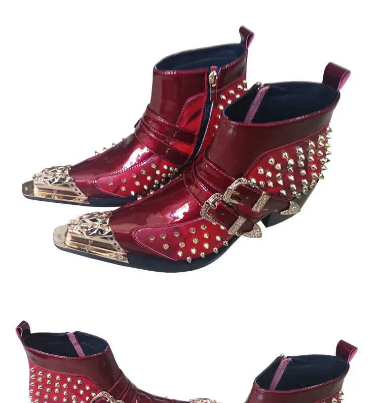Frühlings-Herrenstiefel, rote Lederstiefel mit Nietenspitze, Modell, sozialer Kontakt, Erhöhung der Show, hochhackige Herrenstiefel aus Lackleder – Detail 1