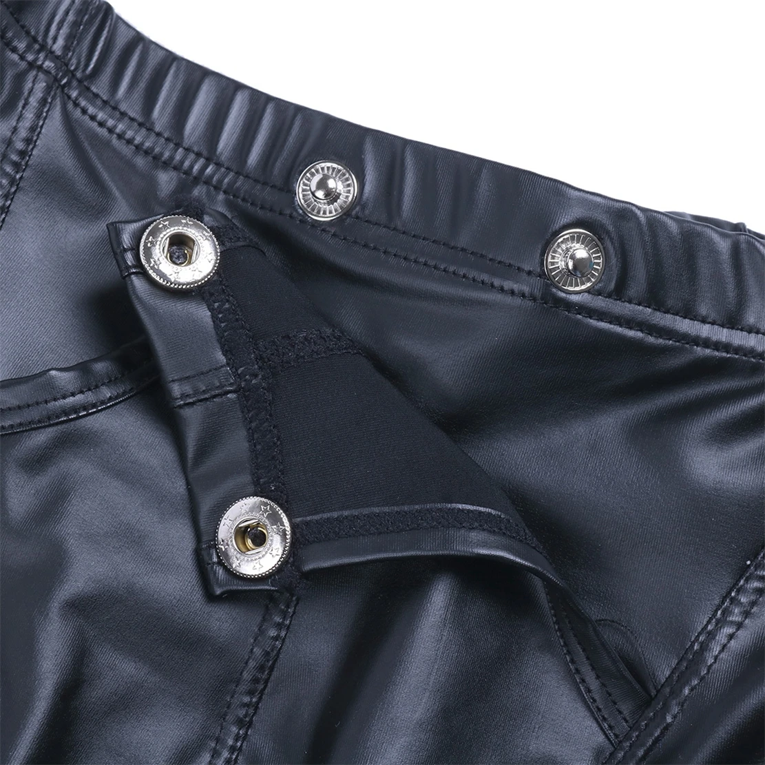 Sexy Men\'s Low Waisted Faux Leather Boxer Shorts Press Button with Bulge Pouch Men Lingerie Shorts Slim Cut Underpants Underwear