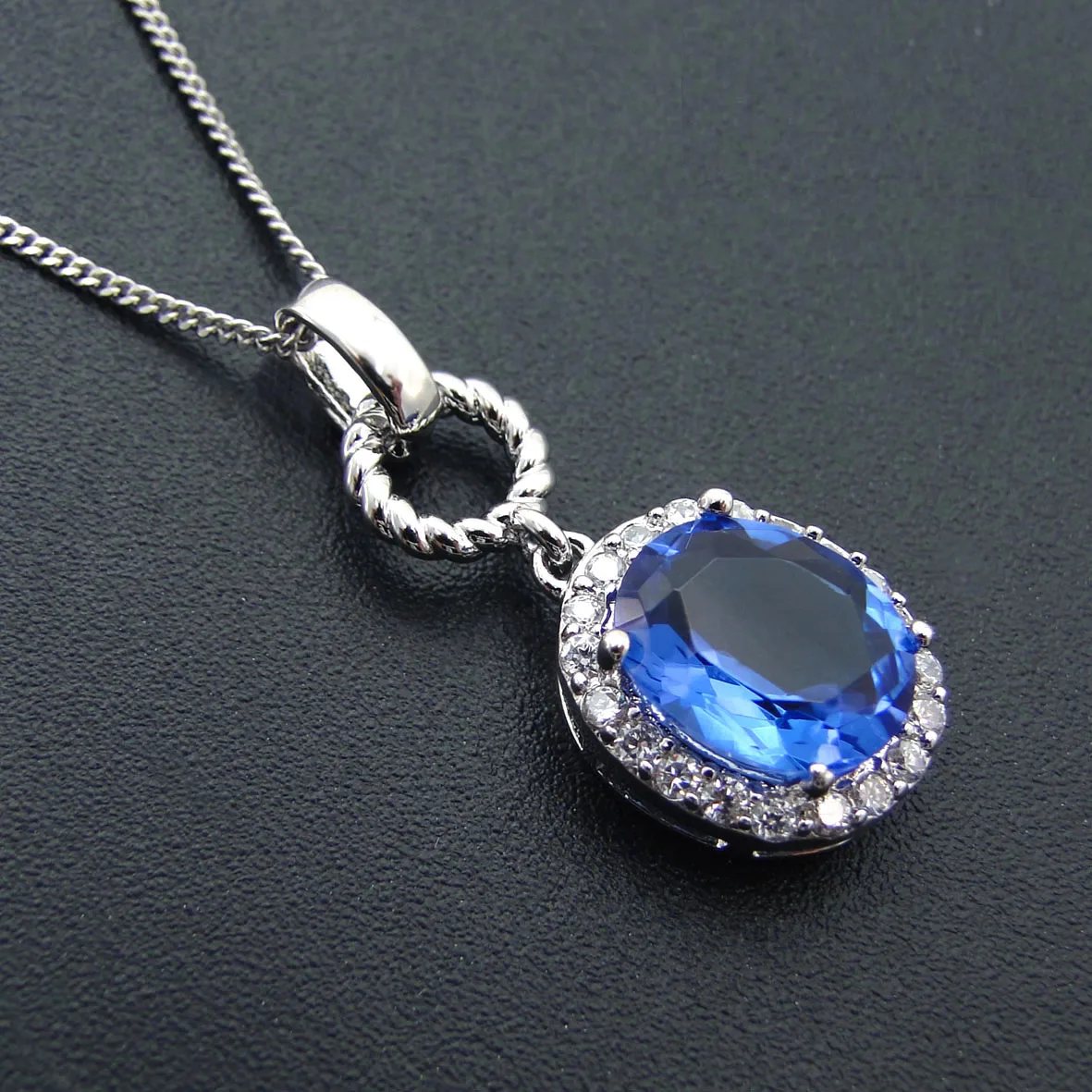 Blue Tanzanite White Topaz Brass Pendant Chain Necklace