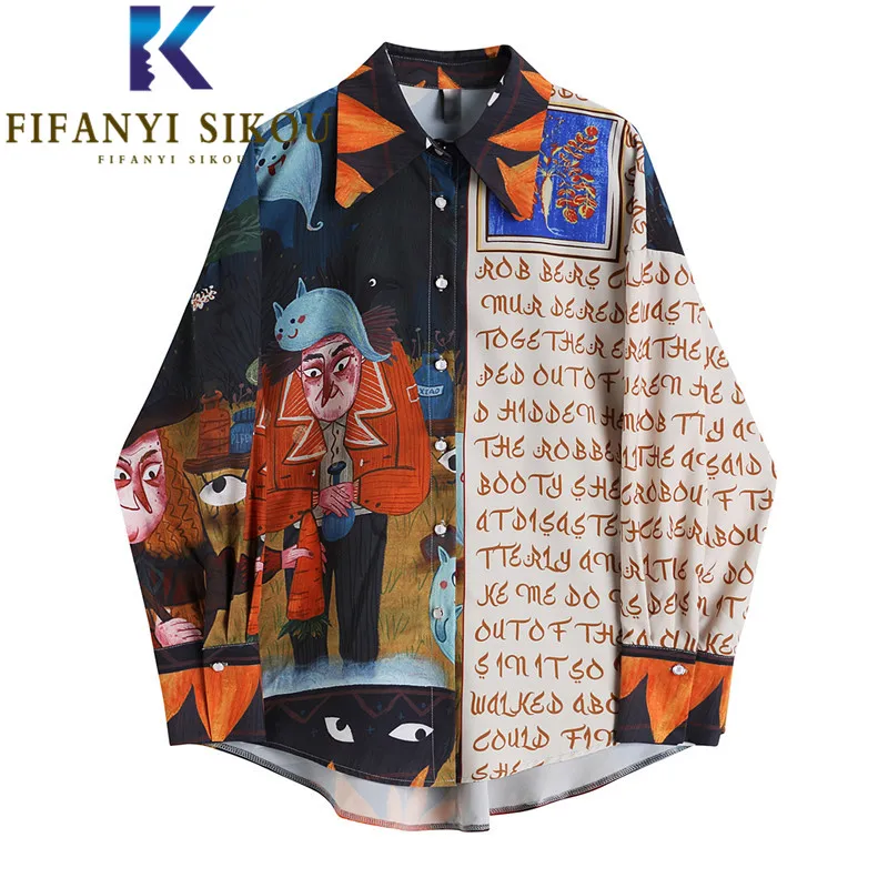 

Vintage Print Shirt Women 2021 New Spring Fashion Spliced Lapel Long Sleeve Shirts Asymmetry Loose Womens Tops And Blouses