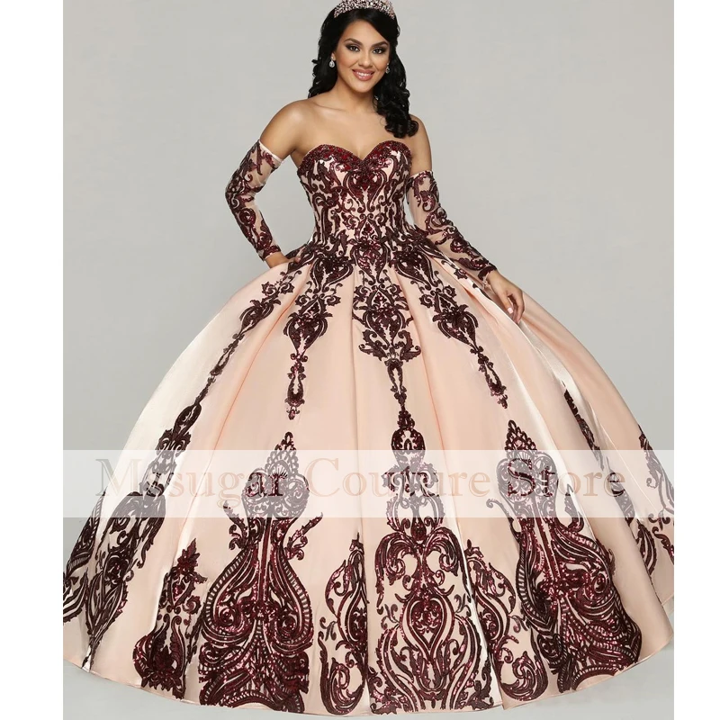 2022 rosa quinceanera vestidos querida apliques longsleeves celebridade vestido de baile 15 anos