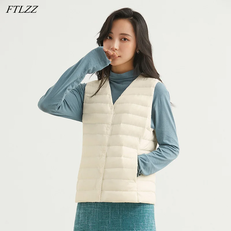 FTLZZ invierno Ultra luz Chaleco Corto las mujeres chaqueta de pato blanco abajo cálido sin mangas capa sólida rutina Slim Underwaist de prendas de