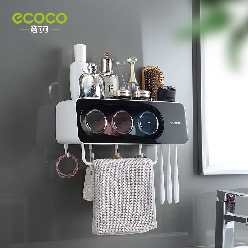 ECOCO Wall Mount Automatic Toothpaste Dispenser Bathroom Accessories Set Toothpaste Squeezer Dispenser Toothbrush Holder Tool