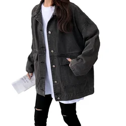 Vintage Single Breasted Jeans Jacket Women Autumn Fashion Lapel Long Sleeve Black Jacket Woman Casual Oversized Blue Denim Coats