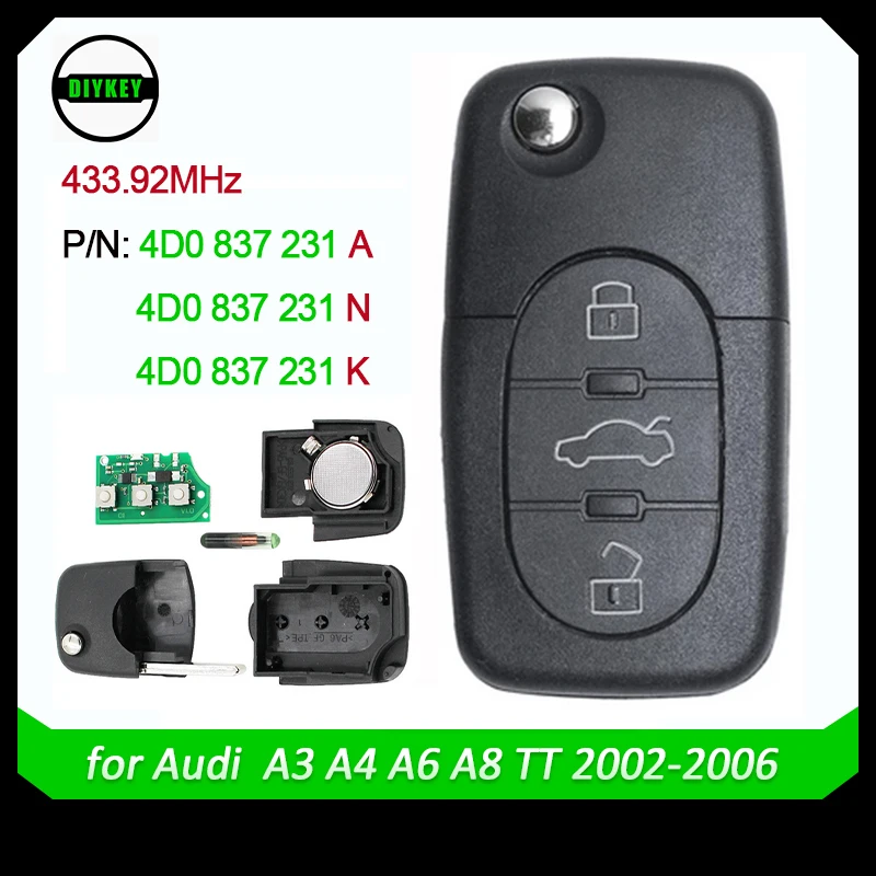 

DIYKEY 433.92MHz ID48 P/N: 4D0 837 231 A / K / N Flip 3 Button Remote Car Key Fob for Audi A3 A4 A6 A8 S6 TT Quattro 2002-2006