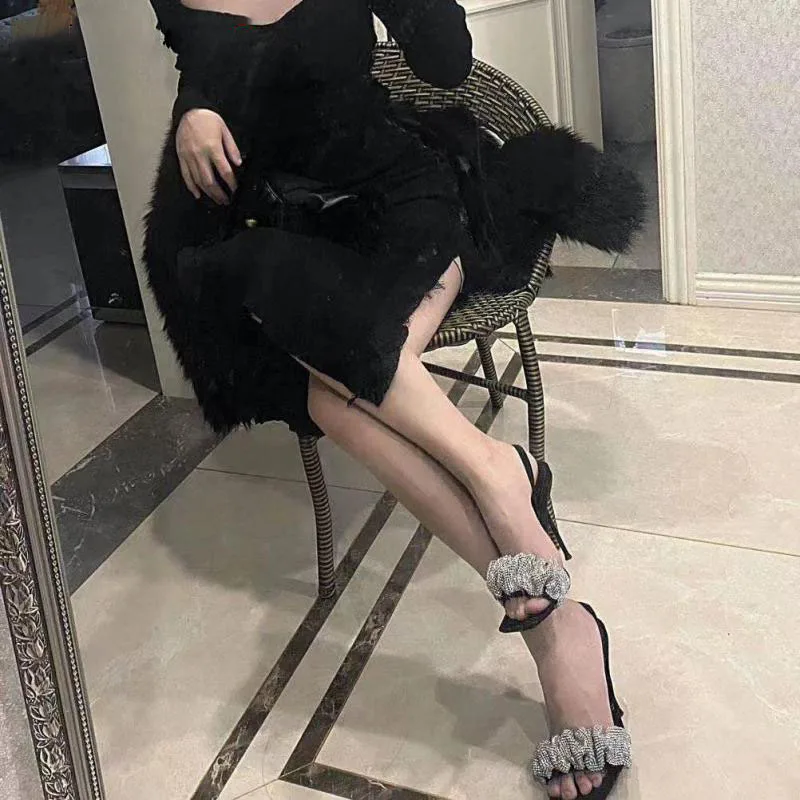 Ladies Open Toe Sandals Elegant High Heels Stiletto Party Shoes Quality 2021 Square Rhinestone Stilettos New