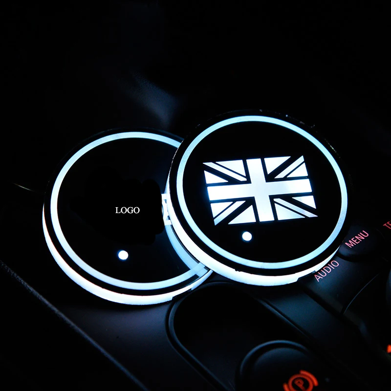 1PC Car LED Cup Holder Pad With Logo 9 Colors Change For  MINI COOPER Interior Colorful Atmosphere Anti-slip Mat Coffee Cushion