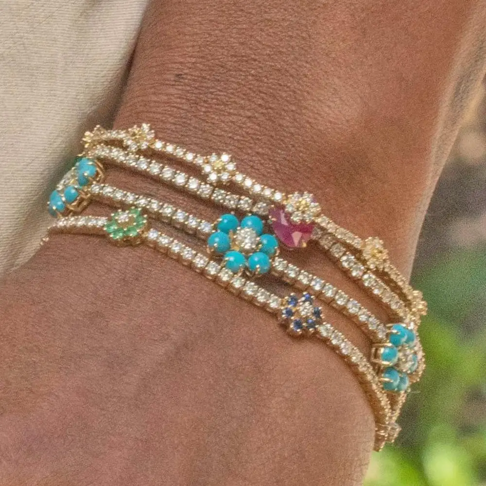 Nueva llegada de primavera, joyería de moda, conjunto de puntas de 3mm, cadena de tenis CZ, pulsera colorida con dije de flor de Margarita arcoíris