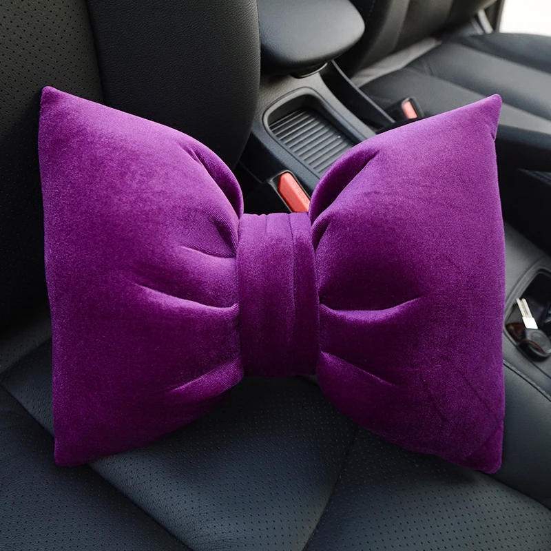 Cute Bowknot Car Interior Accessories Short Plush Car Headrest Neck Pillow Auto Waist Support Seat Lumbar Pillow for Girls Women