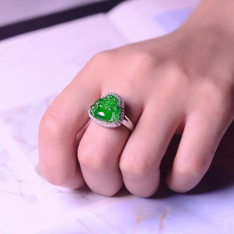Inlaid crystal natural ice seed Hetian chalcedony green geometric opening adjustable ring temperament retro ladies jewelry