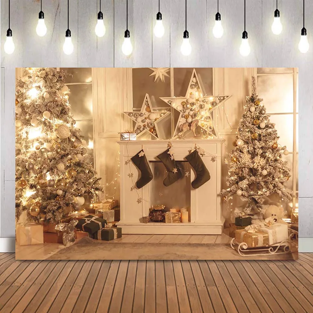 Glitter star Christmas decoration photography background Christmas tree photocall white fireplace glitter shining gifts photo