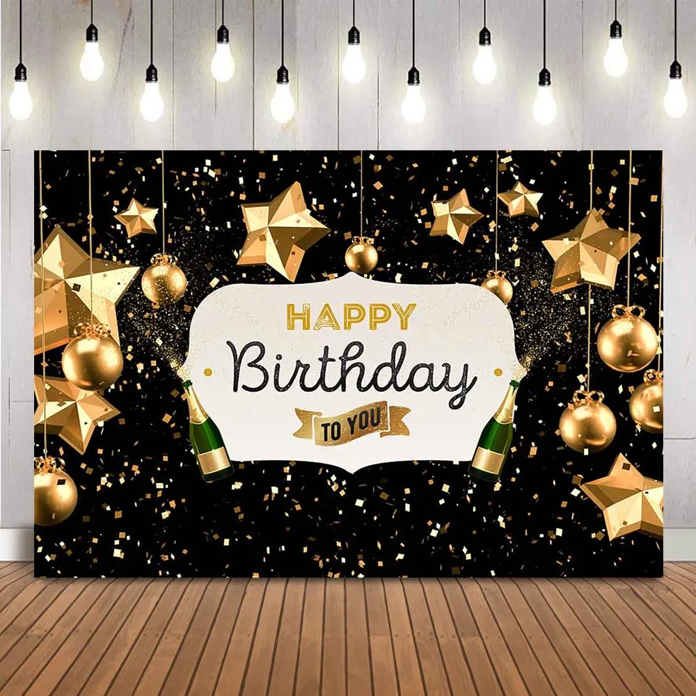 

Gold Stars and confetti Birthday Backdrop Black Glitter Theme Party Decoration Champagne Women's Birthday Party Background Prop