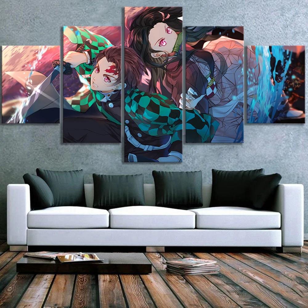 5 Pcs Demon Slayer Kimetsu No Yaiba Anime Poster Modular Picture HD Printed Canvas Paintings Wall Art For Living Room Home Decor