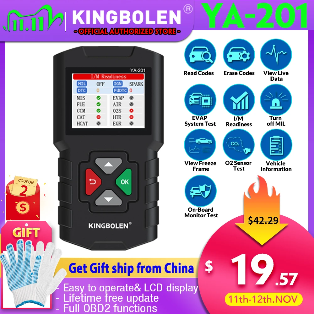 

KINGBOLEN YA201 OBD2 code reader Upgrade USB FREE Lifetime YA-201 OBD II Scanner Engine Car Diagnostic Tool better than CR3001