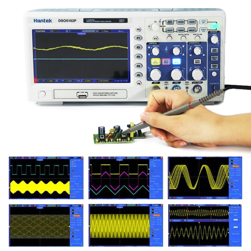 Hantek DSO5102P Digital Oscilloscope 100MHz 2Channels 1GSa/s Real Time sample rate USB host and device connectivity 7 Inch RU ES