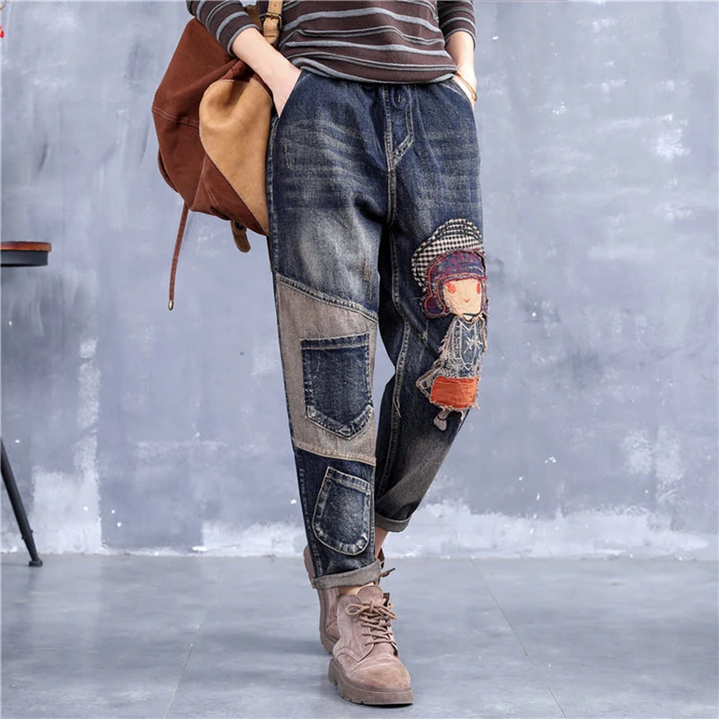 Oversized High Waist Embroidery Ankle-Length Harem Jeans Women Spring Causal Denim Pants Korean Streetwear Lace-Up Vaqueros New