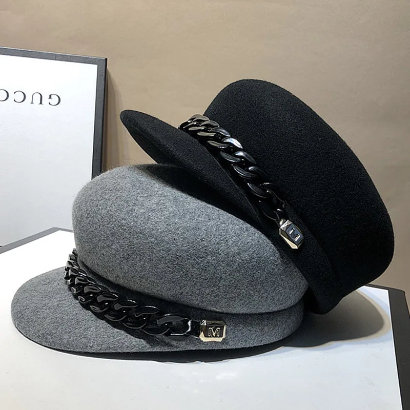 100% Wool Gray Black Winter Hat Warm Wool HatWomen Fashion Chain Newsboy Caps Hat Female