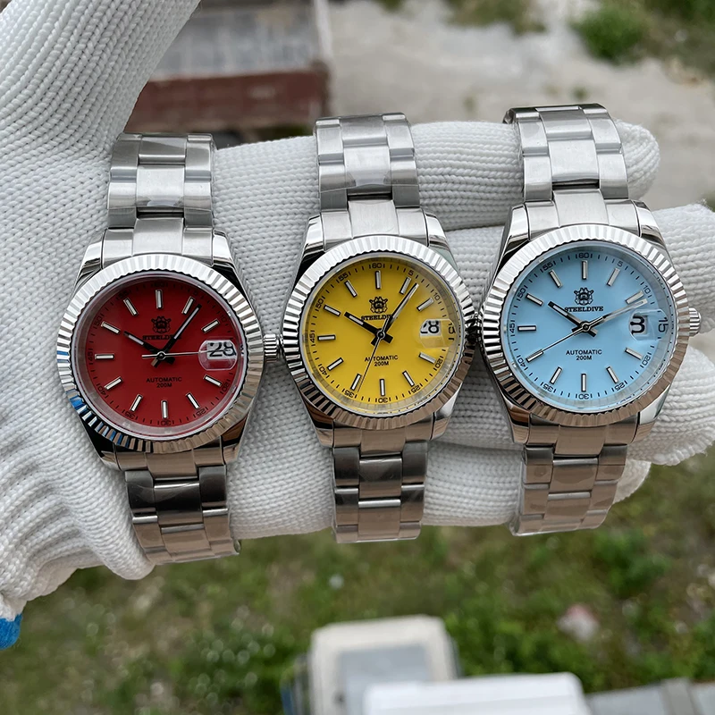 ساعة أوتوماتيكية للرجال من STEELDIVE 42 مللي متر ساعة يد ميكانيكية طيار غواص 20ATM مقاومة للماء C3 مرآة ياقوت مضيئة NH35