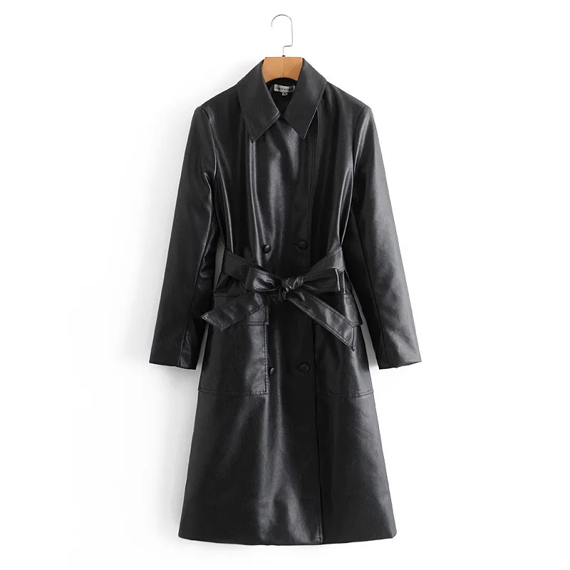 

Evfer Women Fashion Double Breasted Black Za Pu Long Outwear Jackets With Belt Autumn Stylish Ladies Faux Leather Slim Coat Chic