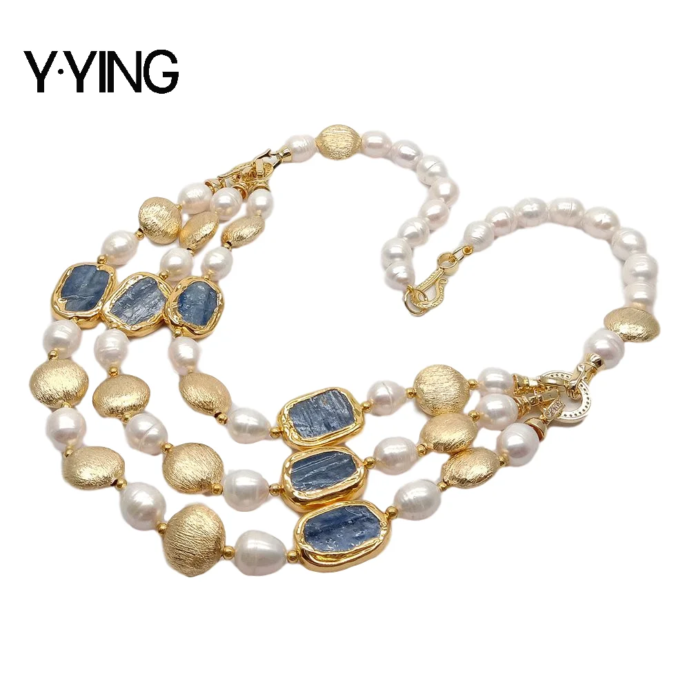 Y·YING 3 Strands Cultured White Rice freshwater Pearl Blue Kyanite rectangle choker Necklace 20