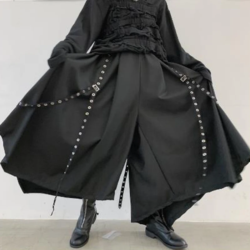 Men Ribbon Dark Black Wide Leg Pants Male Women Japan Punk Gothic Harem Trousers Kimono Skirt Pants