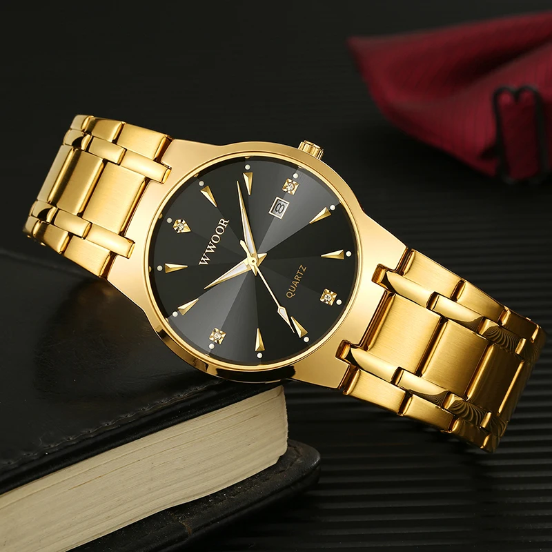 WWOOR Watches For Men Luxury Gold Quartz Clock Automatic Date Man\'s Wristwatch Sports Waterproof Male Watch Relogio Masculino