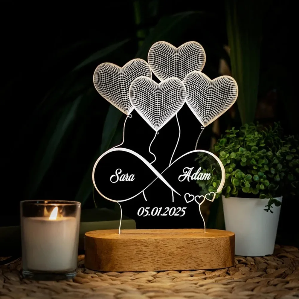 Personalized Infinity Heart Balloon Led Night Lights Custom Laser Engraving Name Date 3D Lamp For Couples Decorative Lights