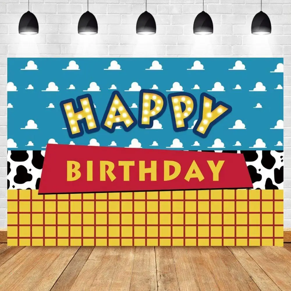 Kids Birthday Toy Backdrop Boys Story Girls Baby Woody Cartoon Banner Birthday Party Photography Background for Children Table