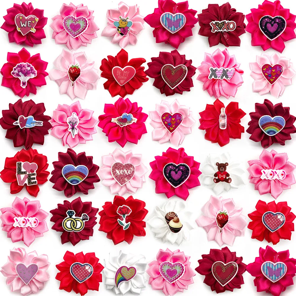 30/50pcs Valentine's Day Puppy Dog Yorkshire Flower Hair Bows Dog Rubber Bands Dog Hair Accessories Flowers Grooming Bows