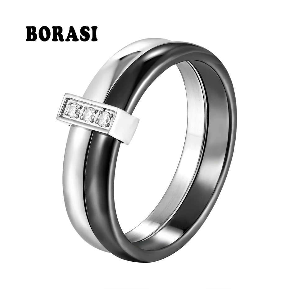 Black Ceramic Ring For Women Two Layers Stainless Steel Inlaid Zircon Thin Rings Unique Design Wedding Engagement Ring