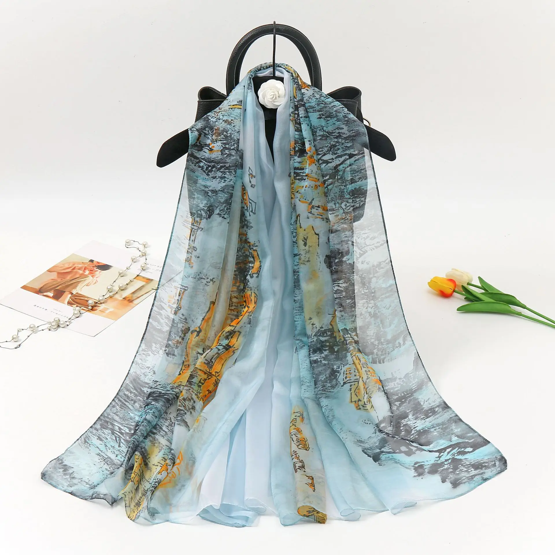 2021 Autumn Silk Scarf Women Fashion Landscape Printed Colorful Foulard Shawls Out Door Sun Protective Lady\'s Dress Neck Wraps