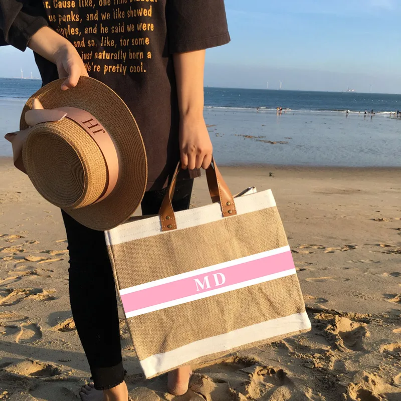 Personalized monogramed striped Book Tote Bag, Shopper juter, bride honeymooning Beach Totes, custom beach travel tote bag