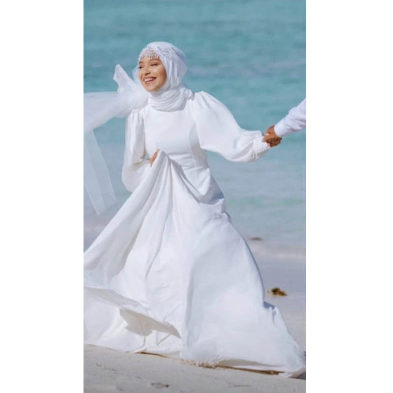 

White Muslim Long Sleeve Wedding Dresses A-Line Vestido De Noiva 2023 Chiffon Elegant Dubai Arabic Hajab Bride Dress