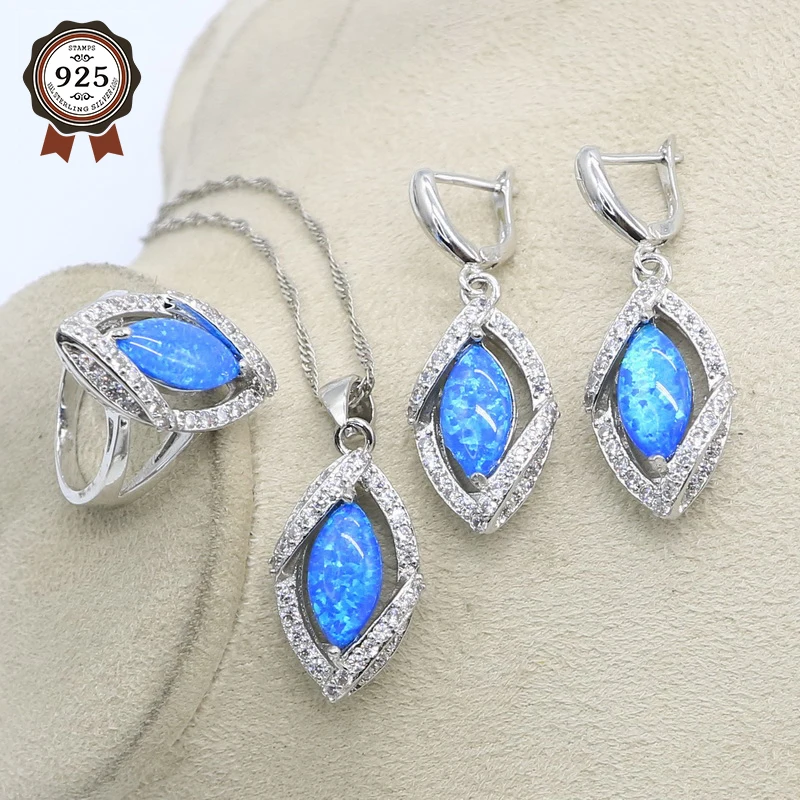 Silver Jewelry sets For Women Luxury 925 Sterling Silver Blue Opal Ring Earrings Pendant Set Fashion Jewelry