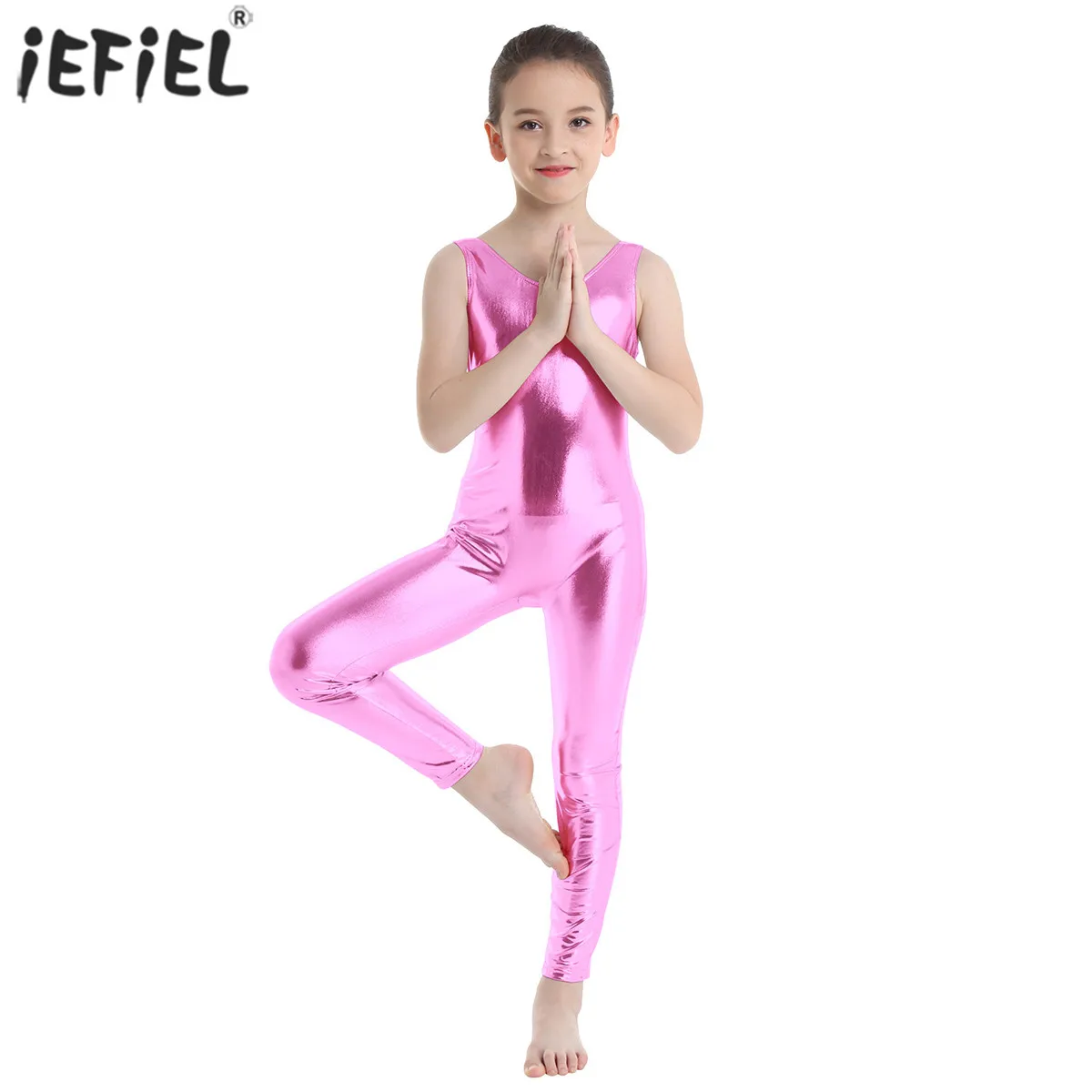 Girls Shiny Ballet Dance Leotard Jumpsuit Gymnastics Acrobatics Yoga Bodysuit Kids Sleeveless Ballerina Performance Dancewear