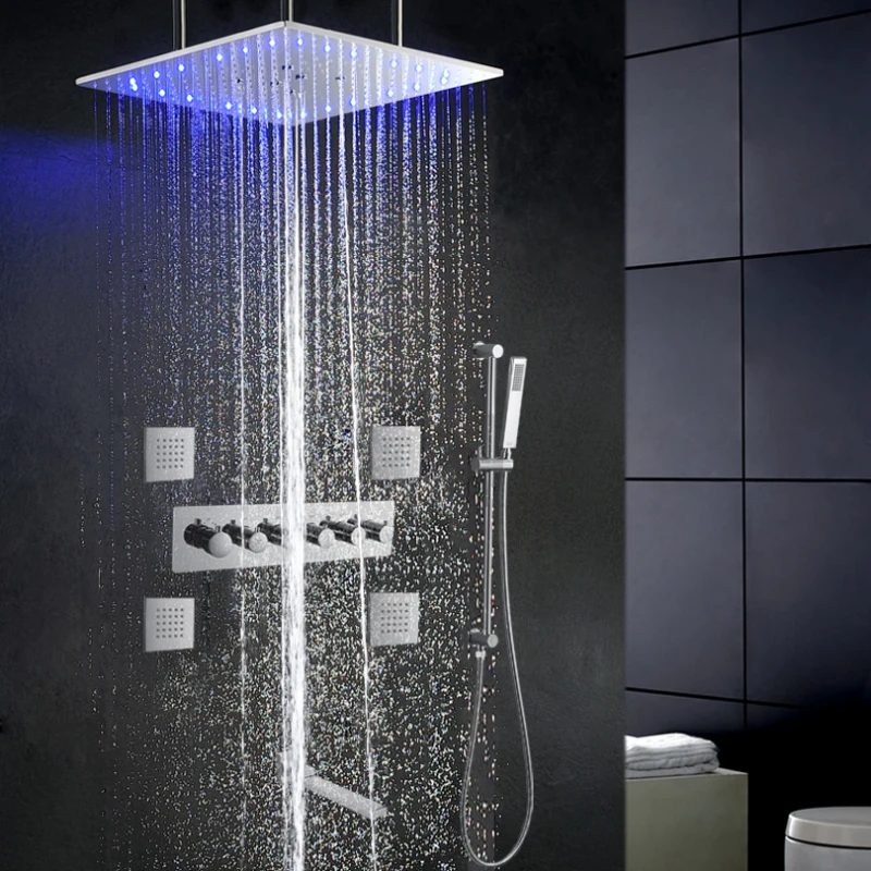 

Chrome Polished Thermostatic Shower Set 20 Inch Rainfall Bathroom LED High Flow Shower Rain shower