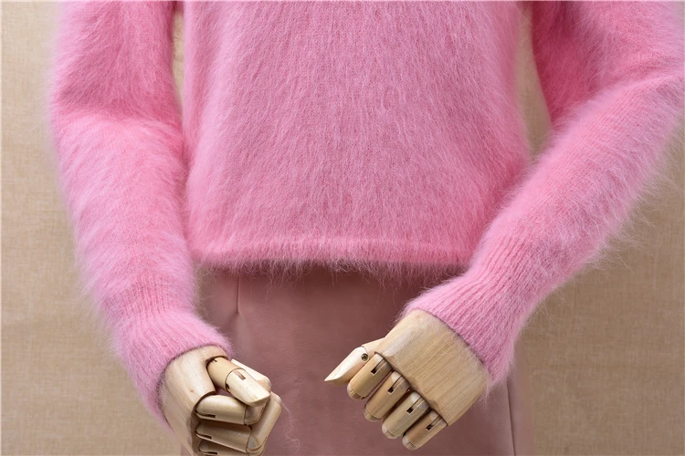 ladies women sweet pink hairy mink cashmere o-neck short style slim pullover angora rabbit fur winter jumper sweater tops blouse