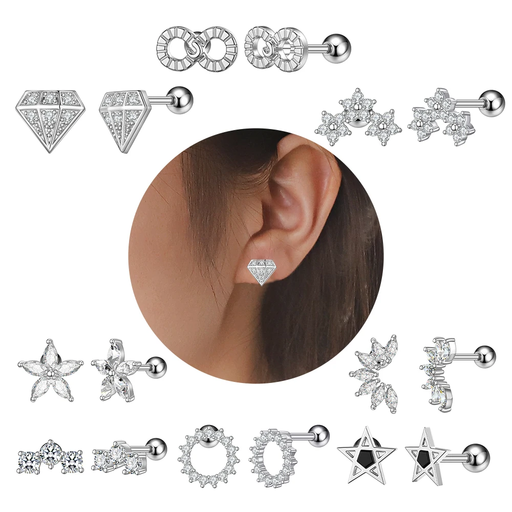 1pc Trendy Geometric Stud Earrings for Women Fashion 3 Flower Star Shape Mini Cute Hypoallergenic Tragus Helix Cartilage Jewelry