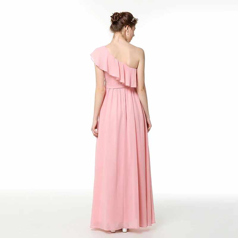 Robe longue de demoiselle d'honneur rose en mousseline, robe d'invité de mariage, élégante, asymétrique épaule dénudée, bon marché, 2019