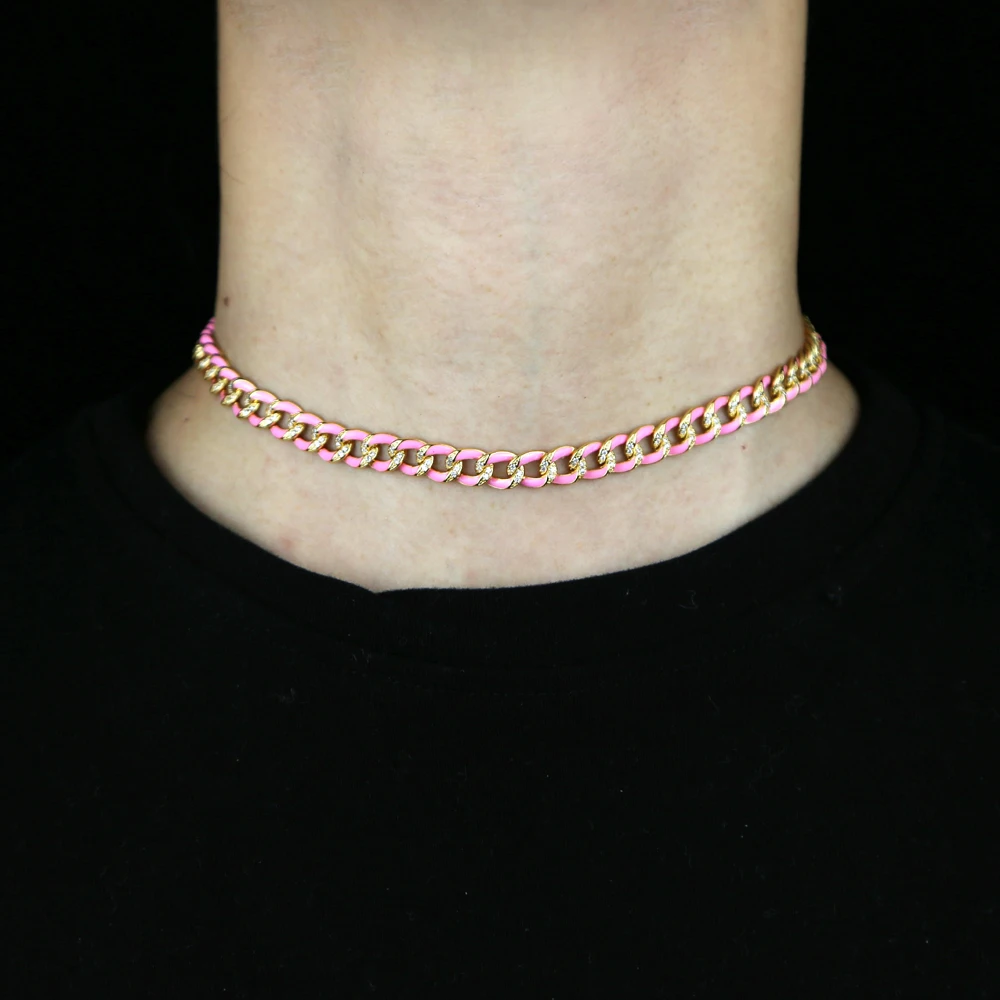 

New Arrived Neck Heavy Gold Color Chain For Women Lady Rainbow White Pink Blue Enamel Cuban Chain Choker Necklace Wholesale