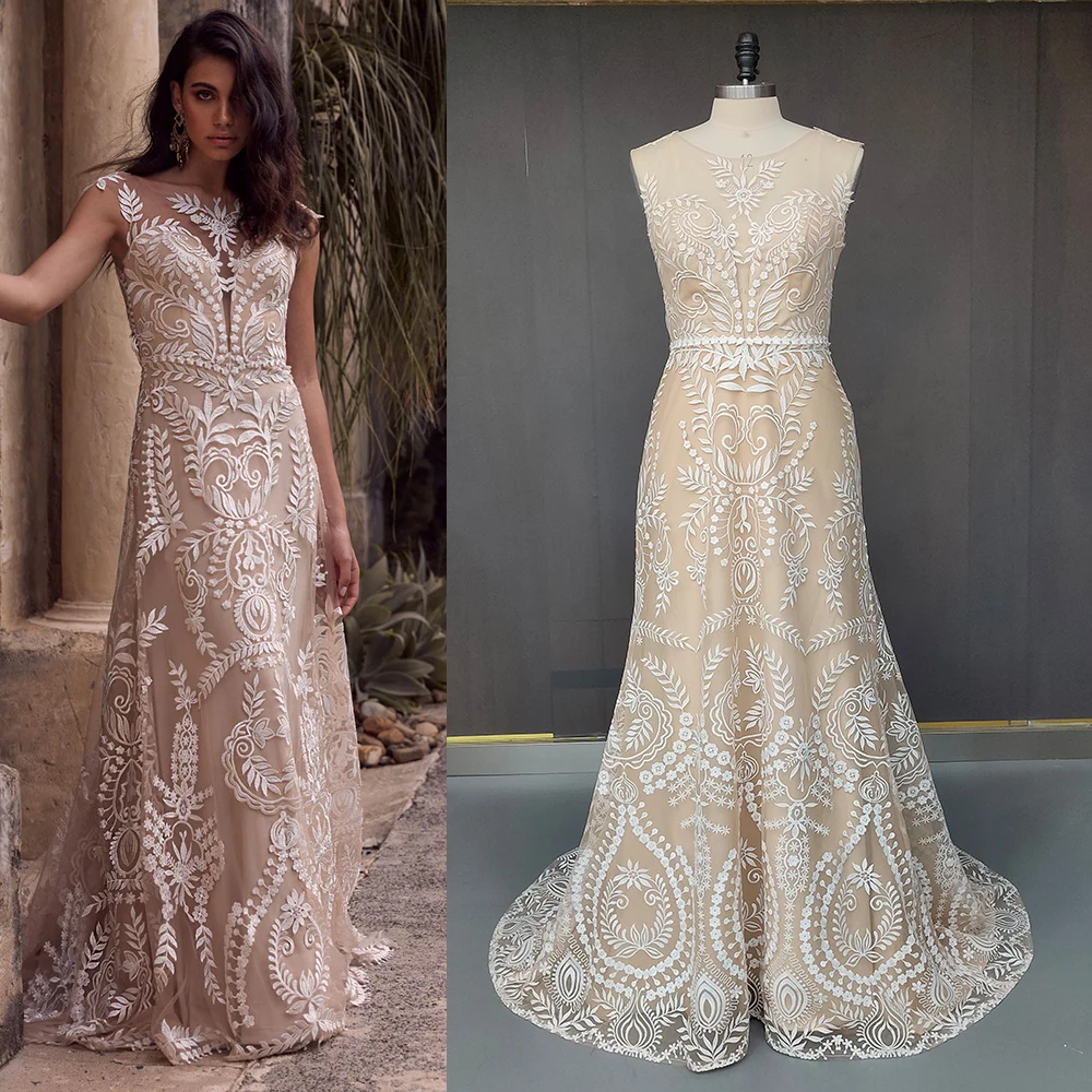 Boat Neckline Destination Boho Wedding Dress Illusion Lace Customized See Through Beach Backless Cutouts Elopement Bridal Gown