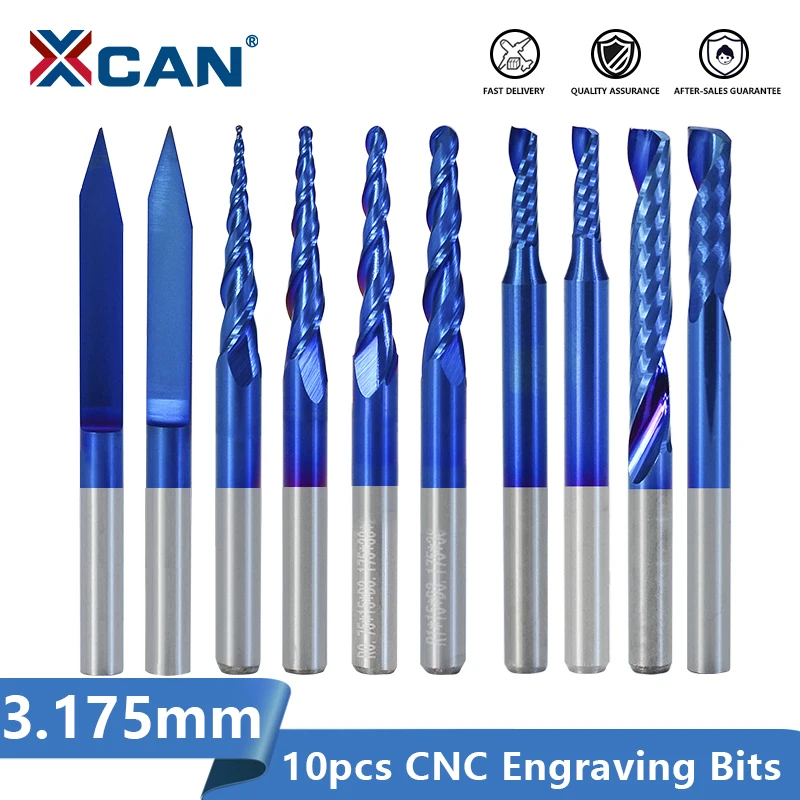 XCAN Solid Carbide Engraving Bit 10pcs 3.175mm Shank CNC End Mill Woodworking Router Bit Wood Milling Cutter