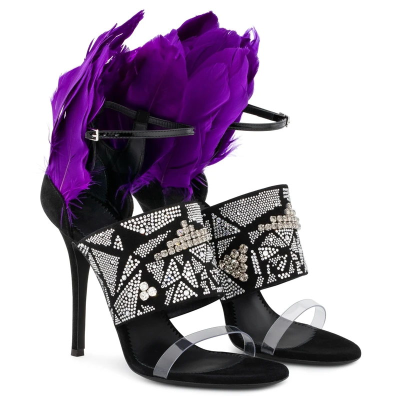 

Summer Glitter Rhinestone Purple Feather Sandals Thin High Heels PVC Strap Peep Toe Gladiator Prom Party Heels