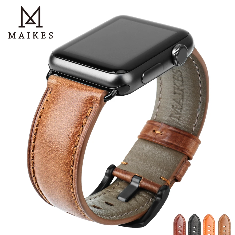 MAIKES Genuine Leather Strap For Apple Watch 45mm 41mm 44mm 42mm 40mm 38mm Series 7 6 SE 5 4 3 iWatch Watchband