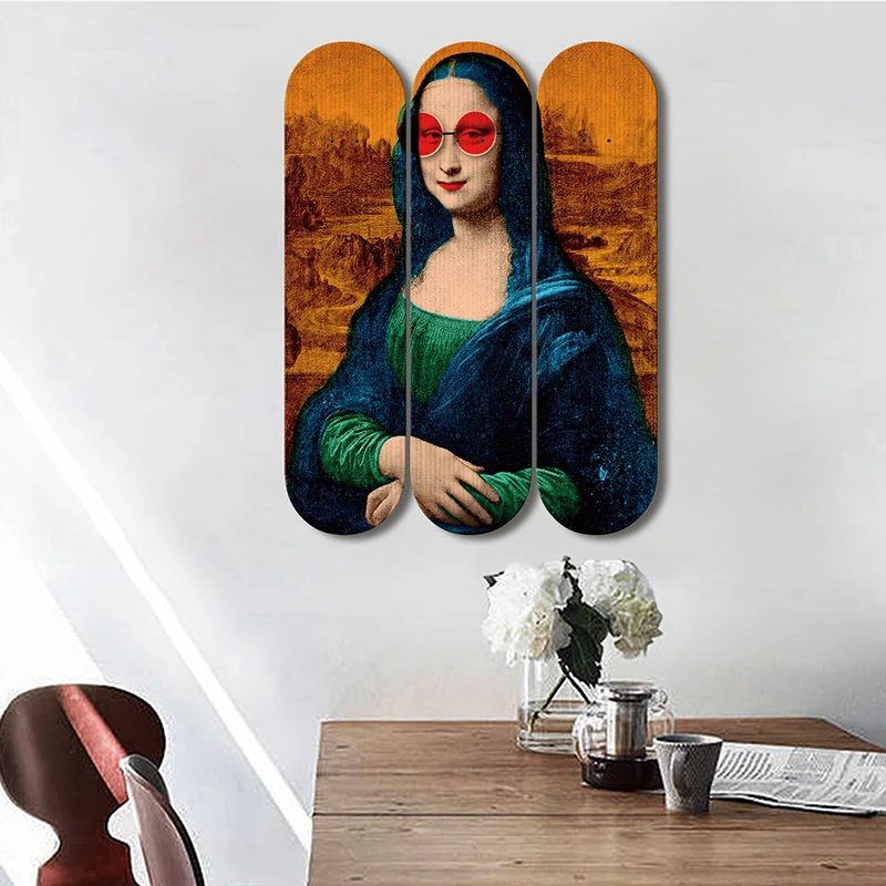 Set of 3pcs Skateboard Walll Decor Retro Mona Lisa Pop Art Skate Deck Mural Decorative Board for Home Living Room Decoration