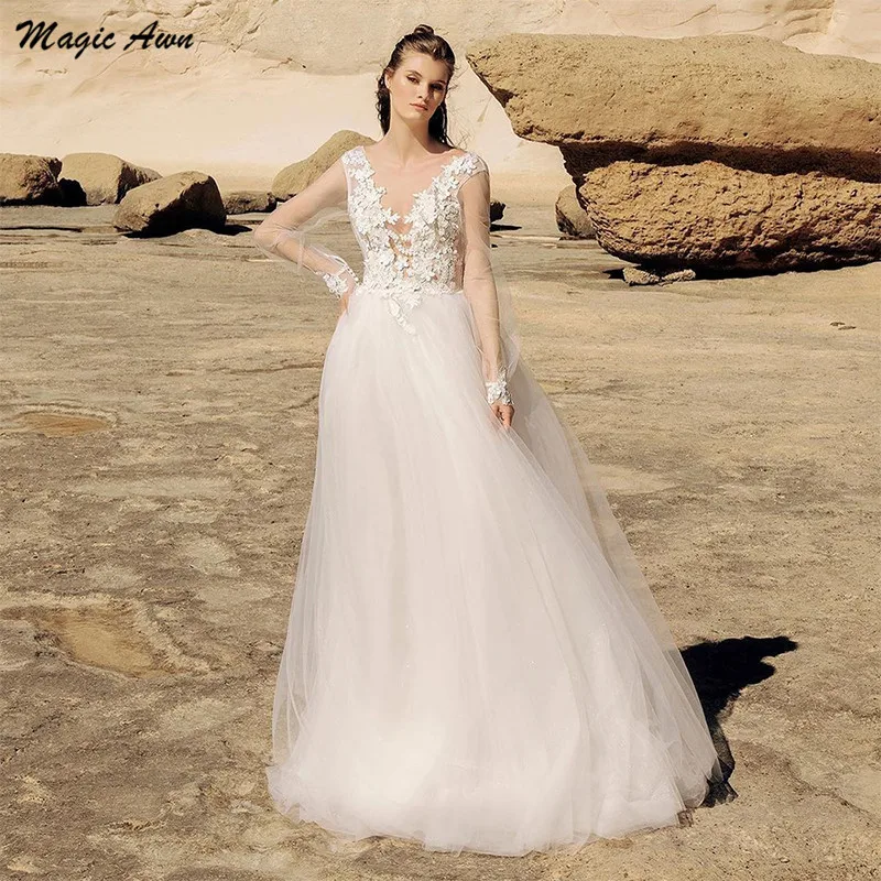 Magic Awn Full Tay Bãi Biển Áo Váy Ren Appliques Ảo Ảnh Đời Boho Chữ A Cô Dâu Áo Hở Lưng Vestidos De Novia